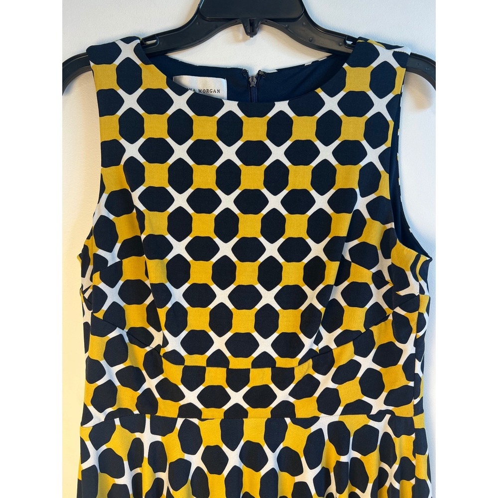 Donna Morgan Yellow Navy Blue Geometric Honeycomb Fit and Flare Dress Size 8 - Picture 2 of 10